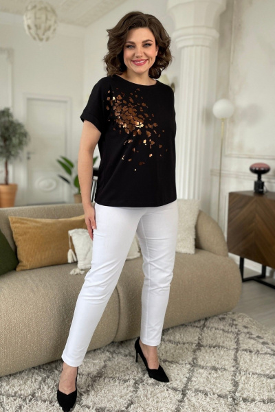 Черная трикотажная футболка с принтом и спущенным плечом Rumoda 2089_кр черный - фото 5