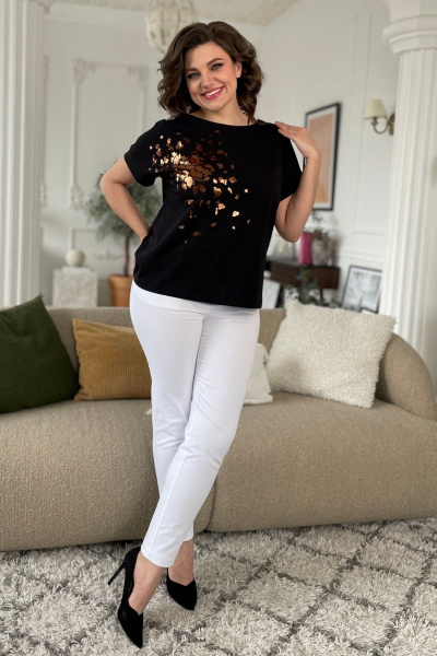 Черная трикотажная футболка с принтом и спущенным плечом Rumoda 2089_кр черный - фото 4