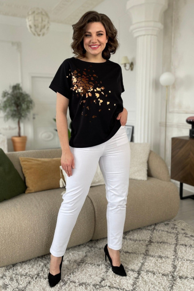 Черная трикотажная футболка с принтом и спущенным плечом Rumoda 2089_кр черный - фото 1