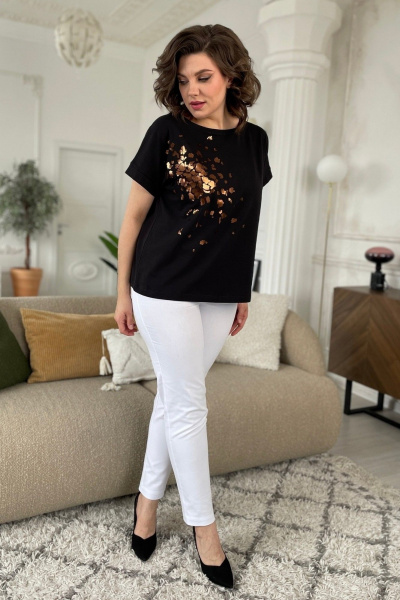 Черная трикотажная футболка с принтом и спущенным плечом Rumoda 2089_кр черный - фото 2