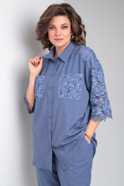 Брючный костюм из льна с кружевными вставками и карманами OVERYOU М147 джинсовый - фото 6