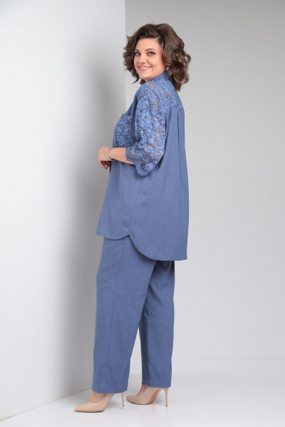 Брючный костюм из льна с кружевными вставками и карманами OVERYOU М147 джинсовый - фото 2