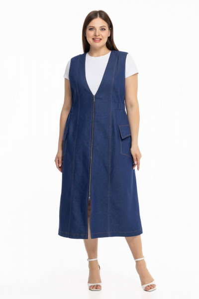 Джинсовый сарафан приталенного силуэта с поясом и карманами Avila 0961 синий - фото 1