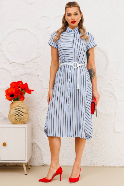 Платье А-силуэта в полоску с поясом и воротником Мода Юрс 2757 голубой_new - фото 1