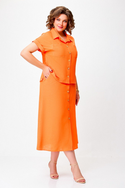 Льняной костюм из блузки и юбки с накладными карманами Swallow 750 оранжевый - фото 7