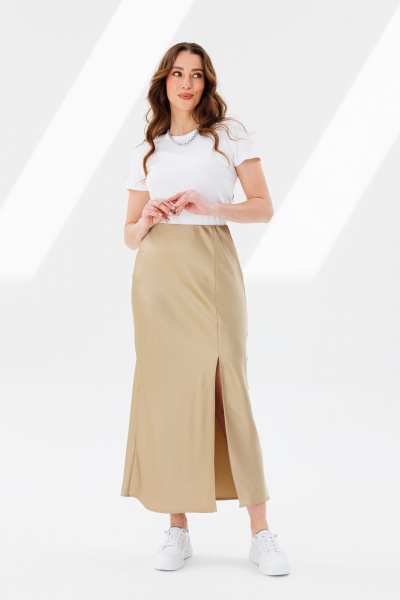 Юбка атласная трапециевидная с разрезом и скрытой резинкой ANIDEN 124-1 бежевый - фото 1