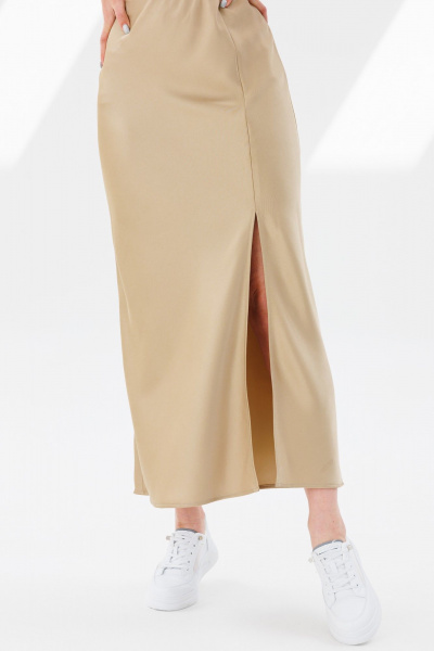 Юбка атласная трапециевидная с разрезом и скрытой резинкой ANIDEN 124-1 бежевый - фото 6