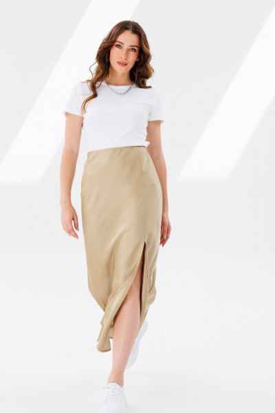 Юбка атласная трапециевидная с разрезом и скрытой резинкой ANIDEN 124-1 бежевый - фото 4