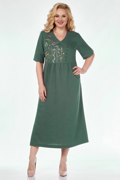 Платье удлиненное летнее из льна с вышивкой и расширением к низу Линия Л Б-2011 темная_мята - фото 1