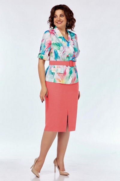 Летний костюм жакет и юбка из льна с ломаным принтом Милора-стиль 1226 коралл - фото 1