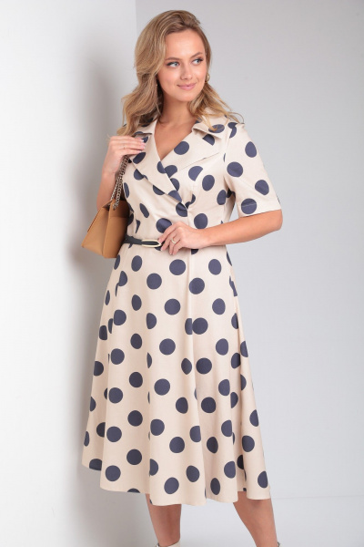 Платье летнее из хлопка с разрезом и поясом AMORI 9796 бежевый - фото 4