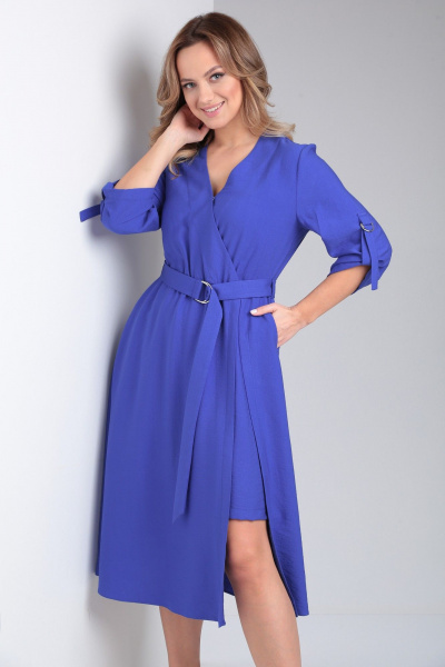 Платье летнее из вискозы с двойной юбкой и поясом AMORI 9795 электрик - фото 1