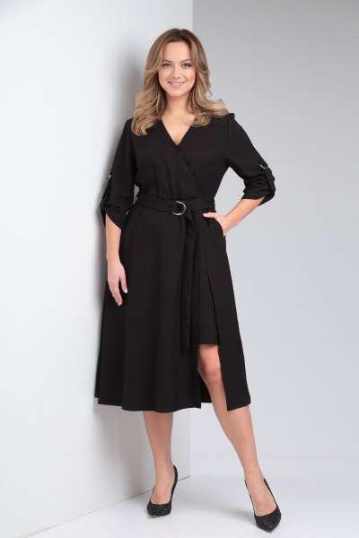 Платье деловое из вискозы с карманами и запахом AMORI 9795 чёрный - фото 3