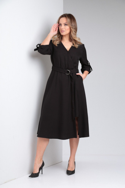 Платье деловое из вискозы с карманами и запахом AMORI 9795 чёрный - фото 2
