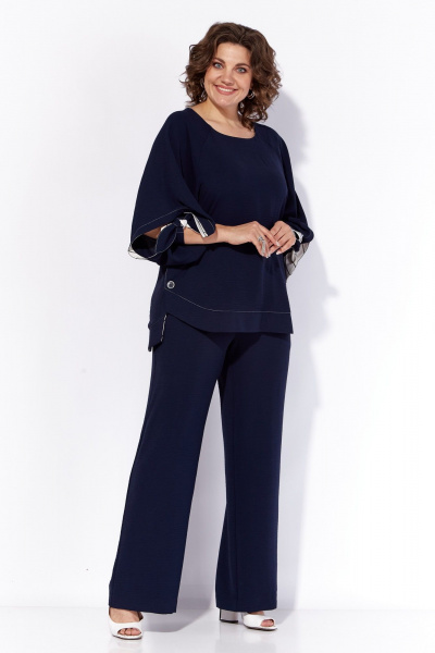 Костюм летний с блузой и широкими полосатыми брюками Anna Majewska А130 темно-синий - фото 2