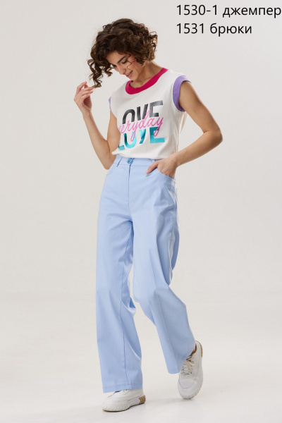 Голубые брюки из хлопкового материала завышенной посадки NiV NiV fashion 1531 - фото 11