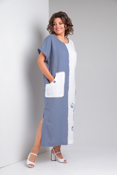 Летнее длинное платье из льна с карманами и бахромой Rishelie 948 светлый_джинс - фото 3