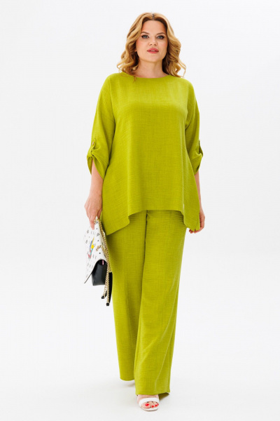 Летний комплект блузки и брюк из легкой ткани для города Anastasia 1102 яблочный_зеленый - фото 7