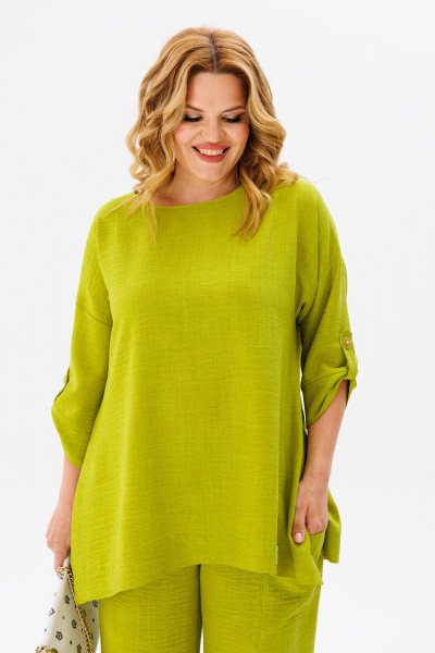 Летний комплект блузки и брюк из легкой ткани для города Anastasia 1102 яблочный_зеленый - фото 6