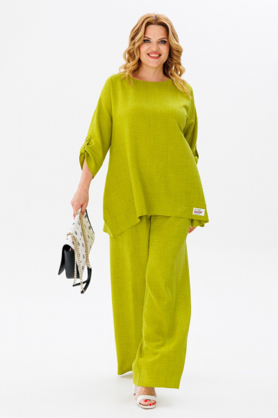 Летний комплект блузки и брюк из легкой ткани для города Anastasia 1102 яблочный_зеленый - фото 5