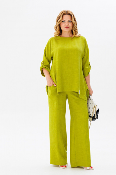 Летний комплект блузки и брюк из легкой ткани для города Anastasia 1102 яблочный_зеленый - фото 4