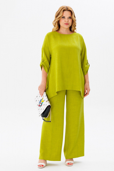 Летний комплект блузки и брюк из легкой ткани для города Anastasia 1102 яблочный_зеленый - фото 1