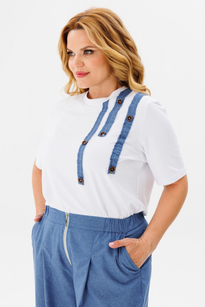 Повседневный брючный костюм из хлопка с футболкой Michel chic 1370 синий,белый - фото 9