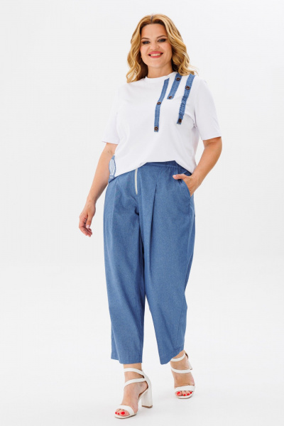 Повседневный брючный костюм из хлопка с футболкой Michel chic 1370 синий,белый - фото 4