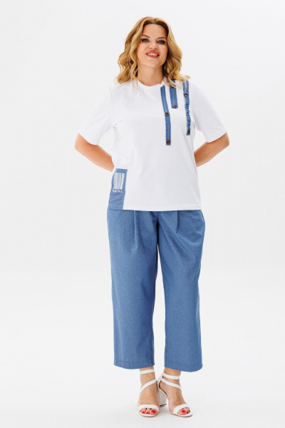 Повседневный брючный костюм из хлопка с футболкой Michel chic 1370 синий,белый - фото 3