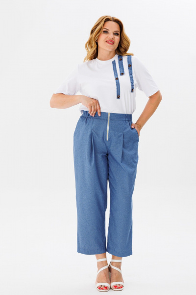 Повседневный брючный костюм из хлопка с футболкой Michel chic 1370 синий,белый - фото 2