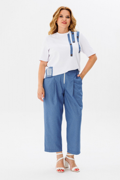 Повседневный брючный костюм из хлопка с футболкой Michel chic 1370 синий,белый - фото 1