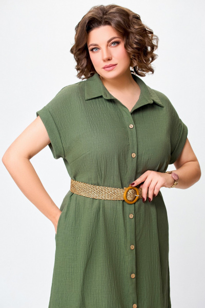 Зеленое летнее платье-рубашка из льняной ткани Swallow 747 хаки - фото 9