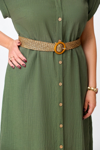 Зеленое летнее платье-рубашка из льняной ткани Swallow 747 хаки - фото 8