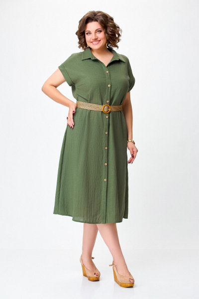 Зеленое летнее платье-рубашка из льняной ткани Swallow 747 хаки - фото 4