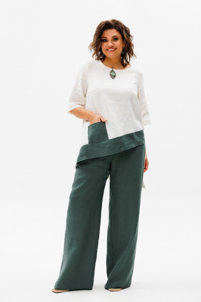 Летний костюм из льна блуза и брюки на резинке Anelli 1459 олива - фото 1