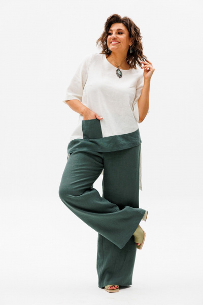 Летний костюм из льна блуза и брюки на резинке Anelli 1459 олива - фото 2