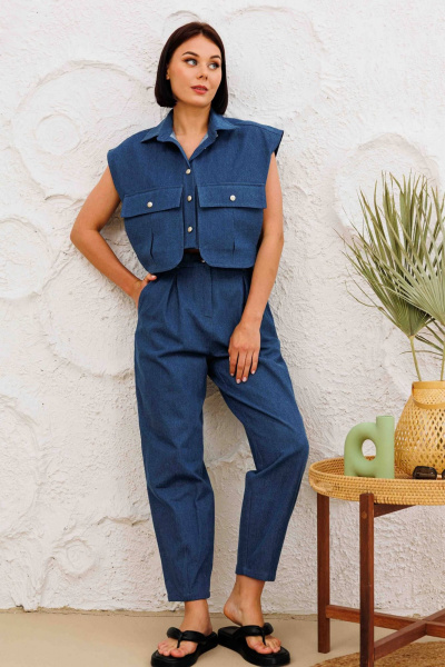 Летние синие хлопковые брюки слоучи с накладными карманами AURA otd 4140 темно-синий деним - фото 5