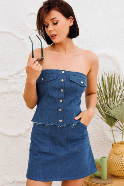 Летняя мини-юбка из хлопка с потайной молнией и накладными карманами AURA otd 5060 темно-синий деним - фото 3