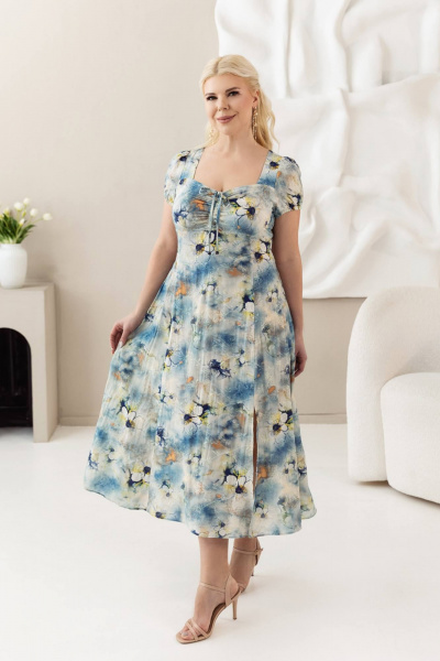Голубое платье с рельефами и сборкой на талии ASV 2723 бежево-голубой - фото 2