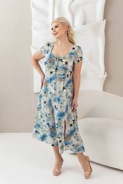 Голубое платье с рельефами и сборкой на талии ASV 2723 бежево-голубой - фото 1