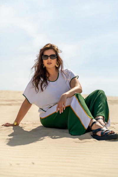 Костюм рубашка и брюки с контрастной отделкой Andina 950 белый/изумруд/изумруд - фото 9