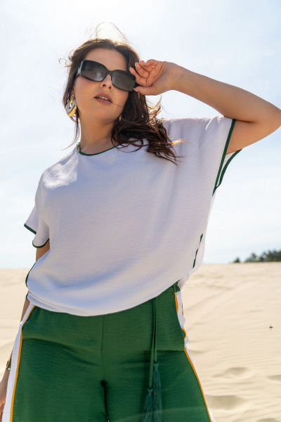 Костюм рубашка и брюки с контрастной отделкой Andina 950 белый/изумруд/изумруд - фото 6