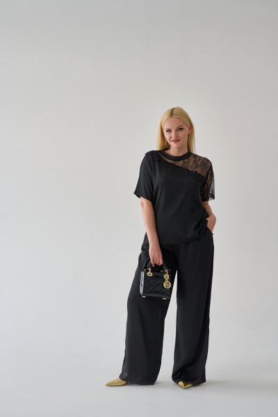 Блуза из кружева и ткани с асимметричной вставкой Мастер Мод 812с чёрный - фото 1
