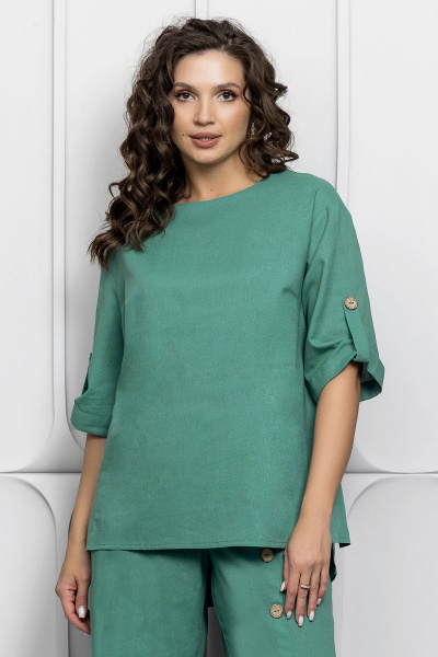 Зеленый льняной костюм: блуза и брюки для летнего стиля Gold Style 2627 изумрудный - фото 3