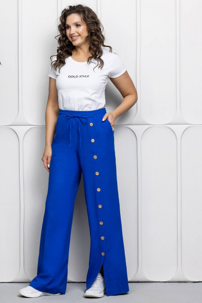 Синий льняной костюм: блуза и брюки для повседневных образов Gold Style 2627 электрик - фото 9