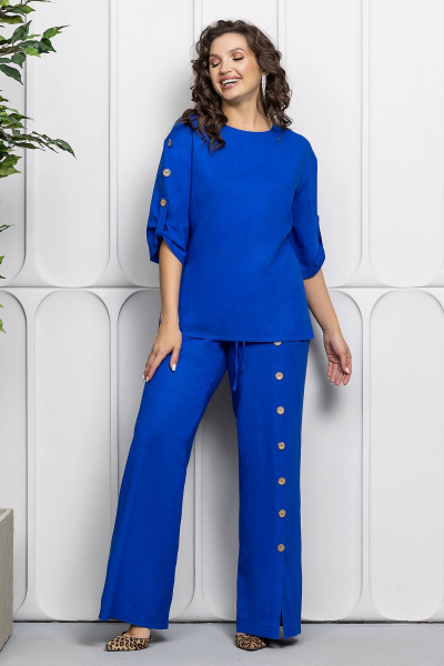 Синий льняной костюм: блуза и брюки для повседневных образов Gold Style 2627 электрик - фото 5