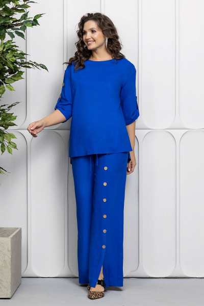 Синий льняной костюм: блуза и брюки для повседневных образов Gold Style 2627 электрик - фото 4