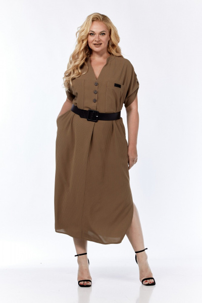 Коричневое свободное платье с нагрудными карманами на пуговицах Диомант 1980 коричневый - фото 4