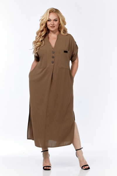 Коричневое свободное платье с нагрудными карманами на пуговицах Диомант 1980 коричневый - фото 1