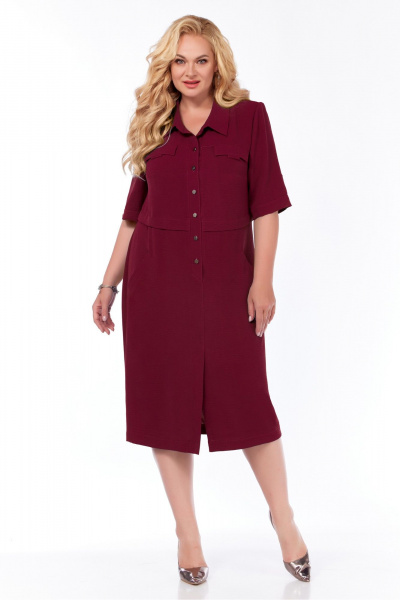 Платье свободного кроя с пуговицами и шлицей из стрейча Tensi 377 винный - фото 1